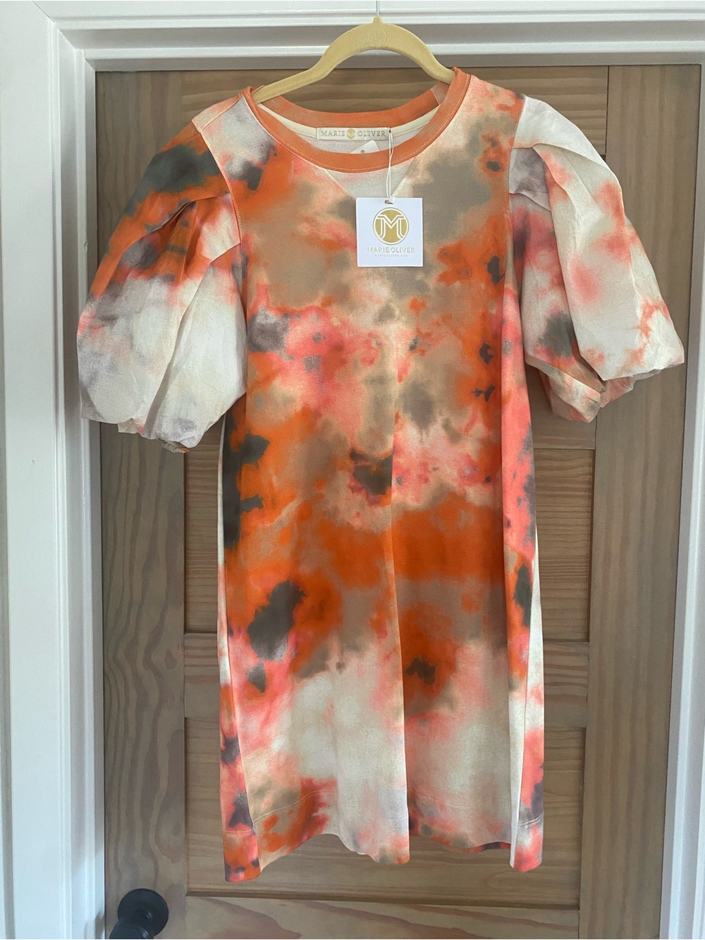 Marie Oliver Orange and Cream Tie-Dye Puff Sleeve Dress
